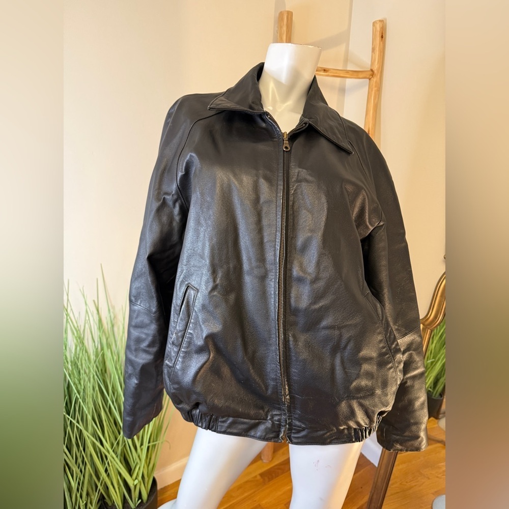 Covington Genuine Leather Jacket (XL) Black zip up bomber VINTAGE 90's Y2K